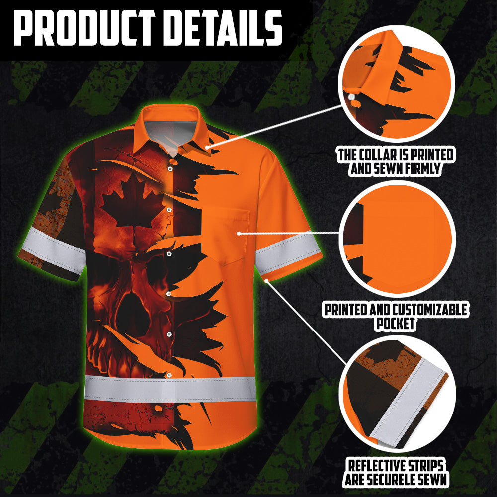 Hi Vis Hawaiian Shirt Reflective Tapes Orange Skull Scratch CA Flag Custom Name Safety Workwear For Workers, Truckers, Operators, Canadian