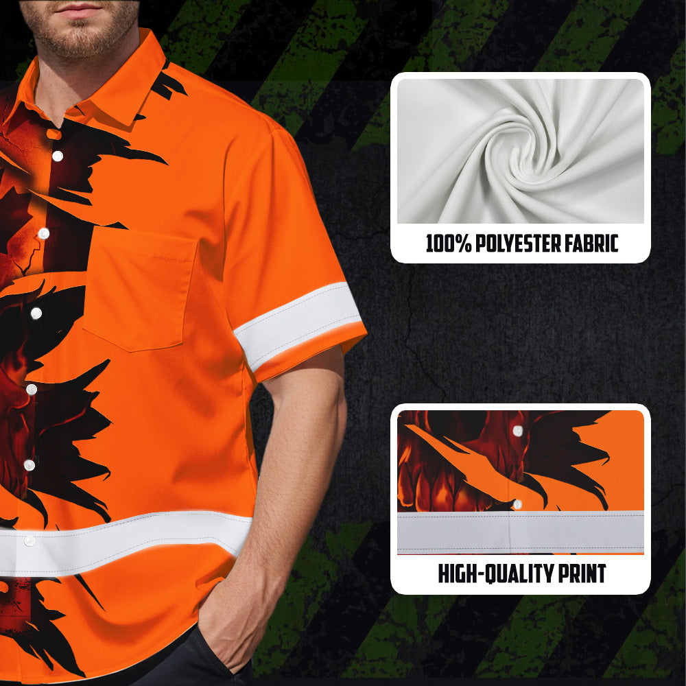 Hi Vis Hawaiian Shirt Reflective Tapes Orange Skull Scratch CA Flag Custom Name Safety Workwear For Workers, Truckers, Operators, Canadian