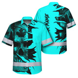 Hi Vis Hawaiian Shirt Reflective Tapes Blue Skull Scratch CA Flag Custom Name Safety Workwear For Workers, Truckers, Operators, Canadian