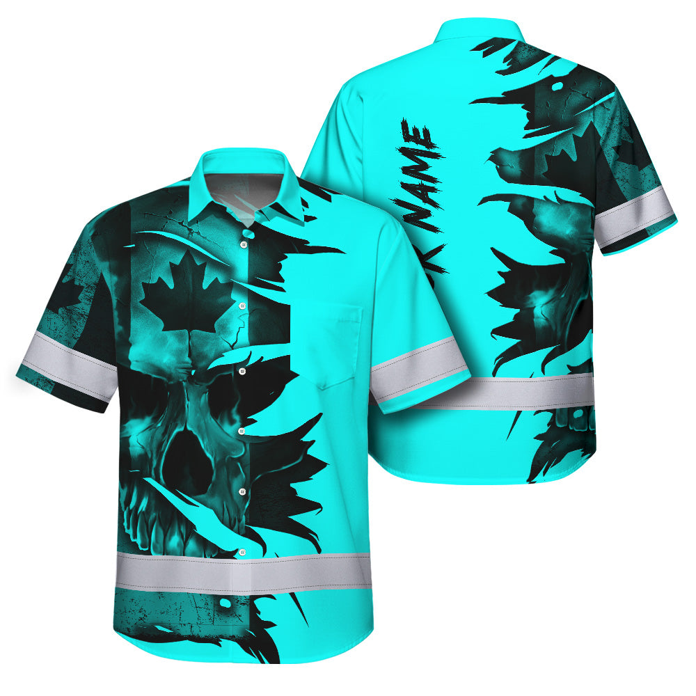 Hi Vis Hawaiian Shirt Reflective Tapes Blue Skull Scratch CA Flag Custom Name Safety Workwear For Workers, Truckers, Operators, Canadian