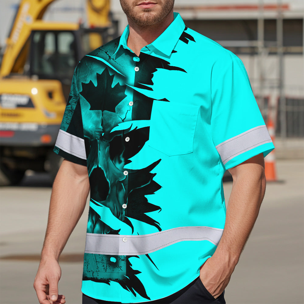 Hi Vis Hawaiian Shirt Reflective Tapes Blue Skull Scratch CA Flag Custom Name Safety Workwear For Workers, Truckers, Operators, Canadian