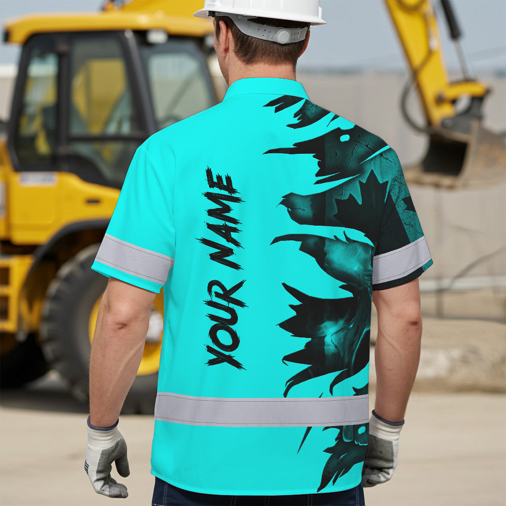 Hi Vis Hawaiian Shirt Reflective Tapes Blue Skull Scratch CA Flag Custom Name Safety Workwear For Workers, Truckers, Operators, Canadian