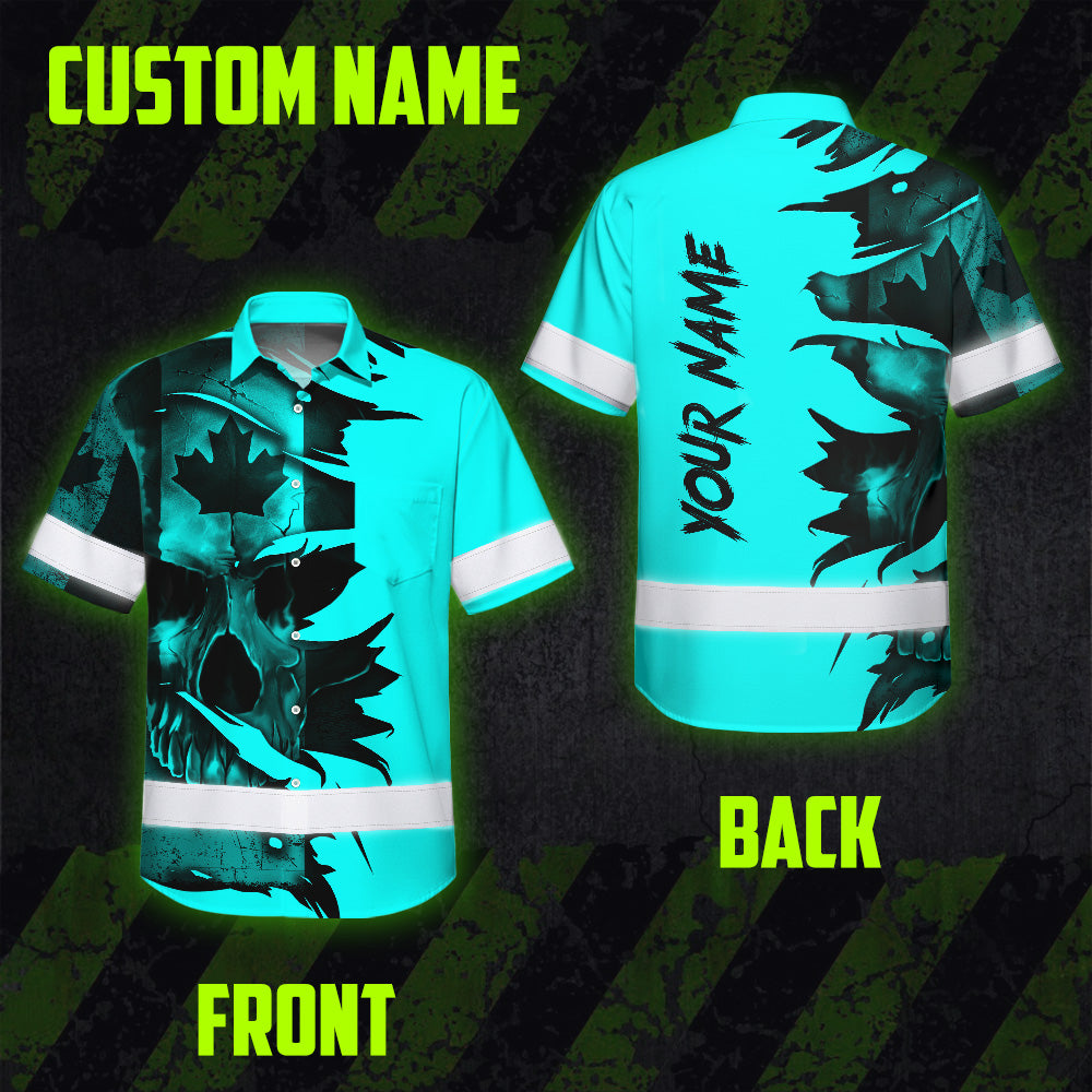 Hi Vis Hawaiian Shirt Reflective Tapes Blue Skull Scratch CA Flag Custom Name Safety Workwear For Workers, Truckers, Operators, Canadian