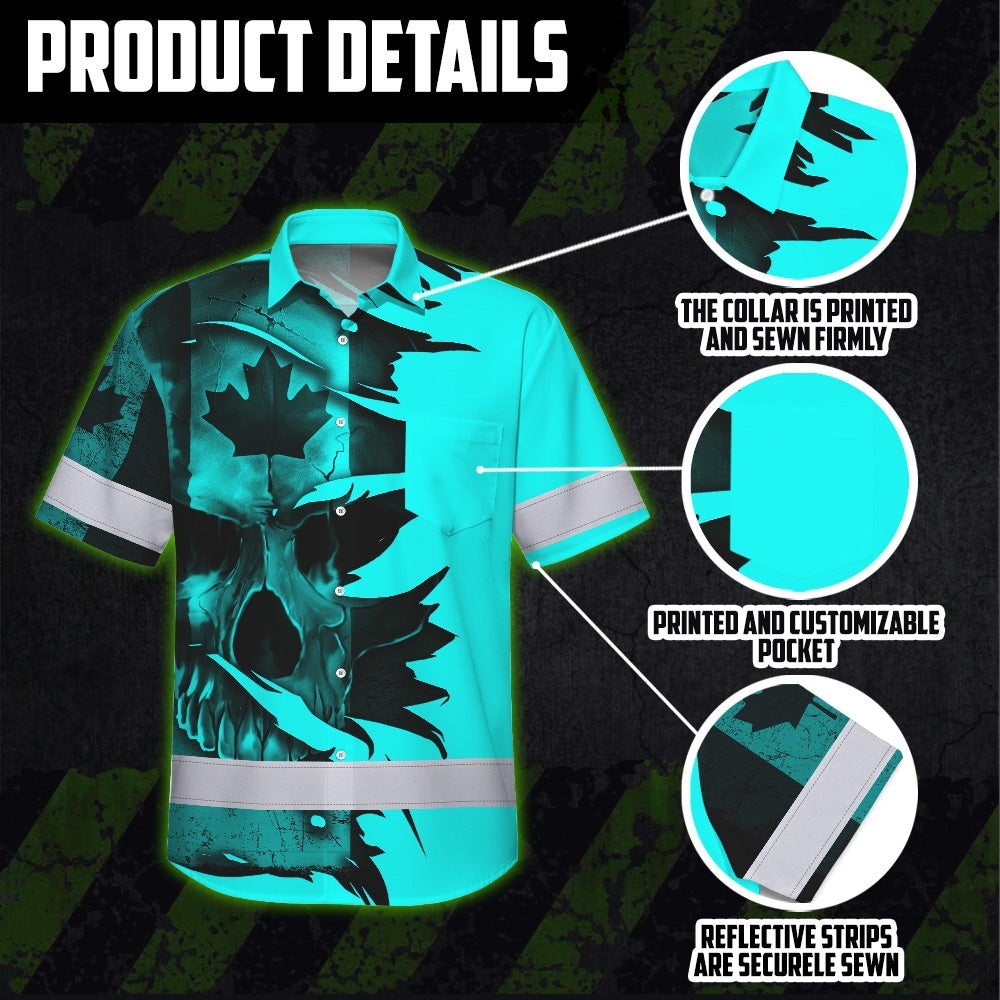 Hi Vis Hawaiian Shirt Reflective Tapes Blue Skull Scratch CA Flag Custom Name Safety Workwear For Workers, Truckers, Operators, Canadian