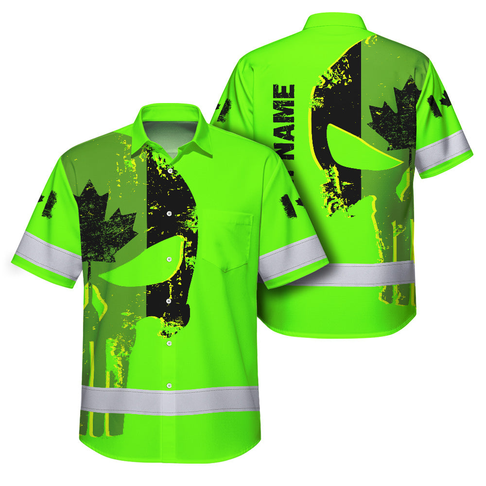 Hi Vis Hawaiian Shirt Reflective Tapes Green Skull Custom Name Safety Workwear For Workers, Truckers, Operators, Canadian