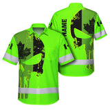 Hi Vis Hawaiian Shirt Reflective Tapes Green Skull Custom Name Safety Workwear For Workers, Truckers, Operators, Canadian