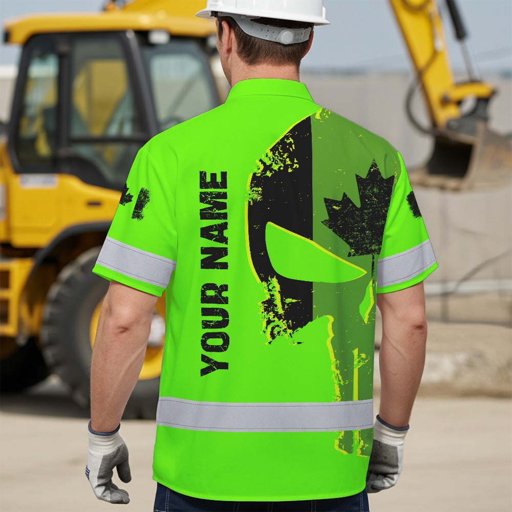 Hi Vis Hawaiian Shirt Reflective Tapes Green Skull Custom Name Safety Workwear For Workers, Truckers, Operators, Canadian