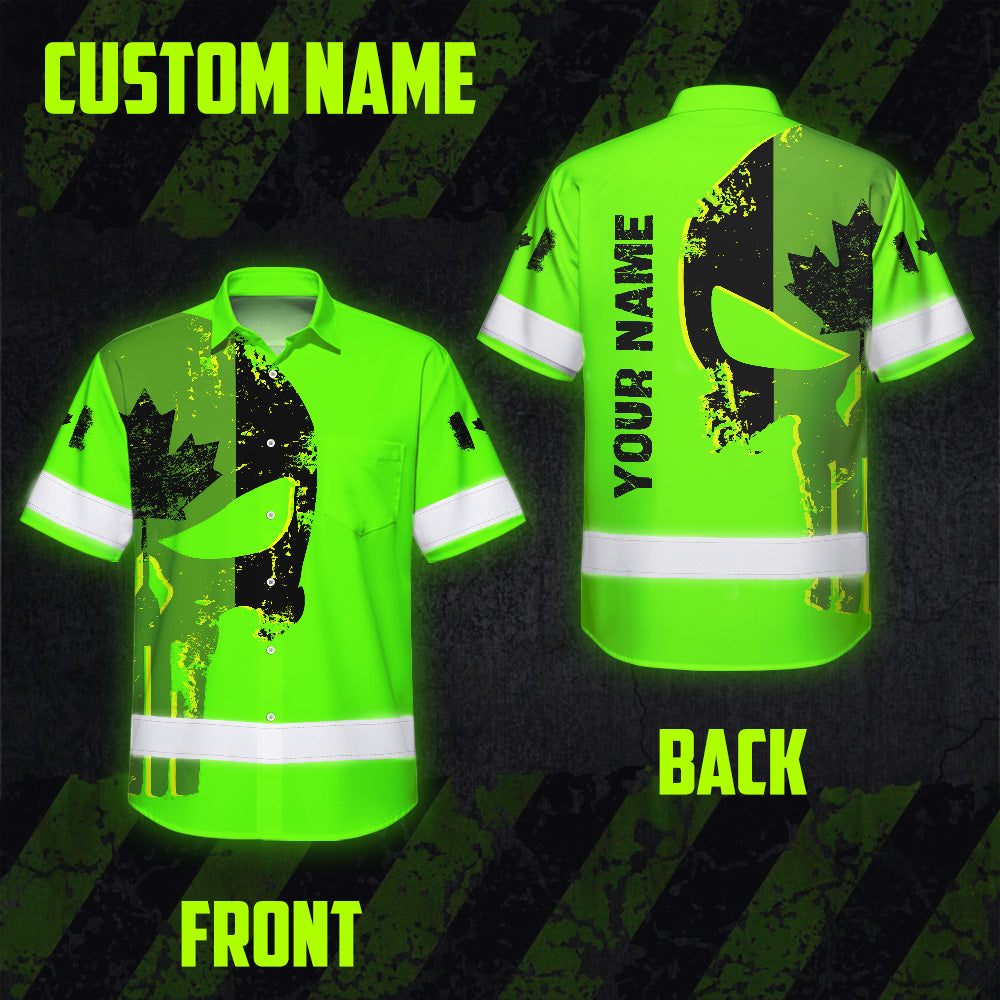 Hi Vis Hawaiian Shirt Reflective Tapes Green Skull Custom Name Safety Workwear For Workers, Truckers, Operators, Canadian