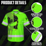 Hi Vis Hawaiian Shirt Reflective Tapes Green Skull Custom Name Safety Workwear For Workers, Truckers, Operators, Canadian