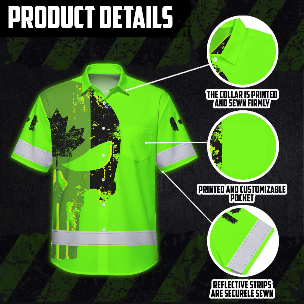 Hi Vis Hawaiian Shirt Reflective Tapes Green Skull Custom Name Safety Workwear For Workers, Truckers, Operators, Canadian