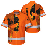 Hi Vis Hawaiian Shirt Reflective Tapes Orange Skull Custom Name Safety Workwear For Workers, Truckers, Operators, Canadian