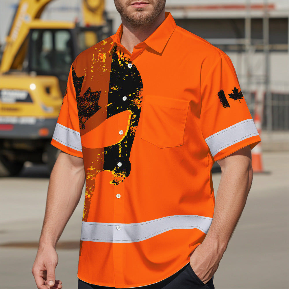 Hi Vis Hawaiian Shirt Reflective Tapes Orange Skull Custom Name Safety Workwear For Workers, Truckers, Operators, Canadian