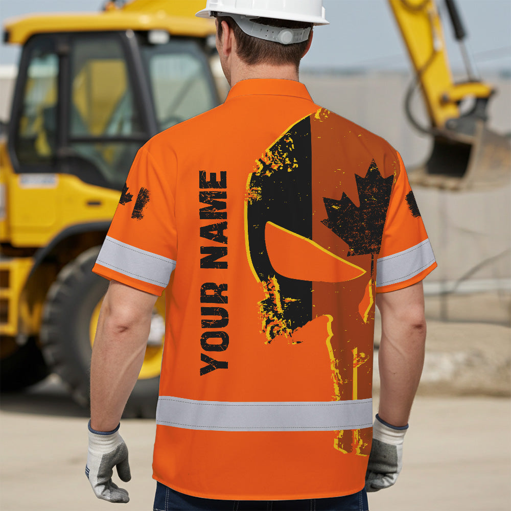 Hi Vis Hawaiian Shirt Reflective Tapes Orange Skull Custom Name Safety Workwear For Workers, Truckers, Operators, Canadian