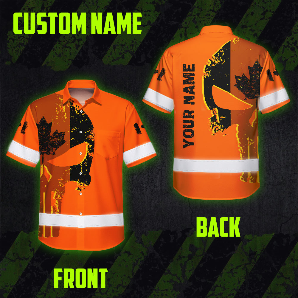 Hi Vis Hawaiian Shirt Reflective Tapes Orange Skull Custom Name Safety Workwear For Workers, Truckers, Operators, Canadian