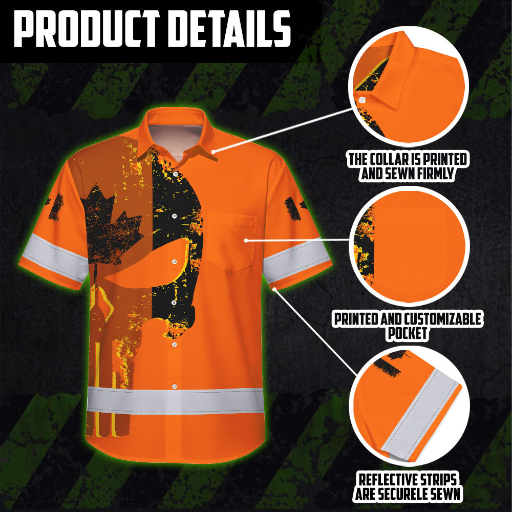 Hi Vis Hawaiian Shirt Reflective Tapes Orange Skull Custom Name Safety Workwear For Workers, Truckers, Operators, Canadian