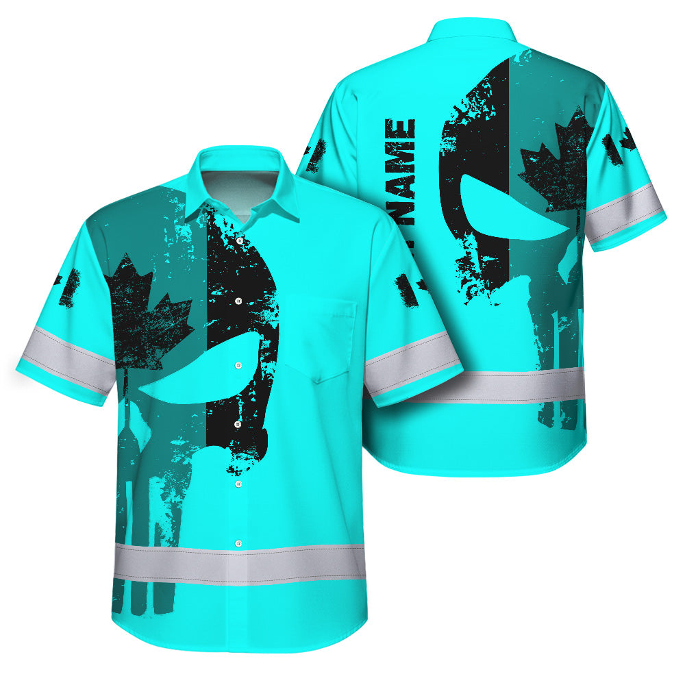 Hi Vis Hawaiian Shirt Reflective Tapes Blue Skull Custom Name Safety Workwear For Workers, Truckers, Operators, Canadian