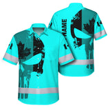 Hi Vis Hawaiian Shirt Reflective Tapes Blue Skull Custom Name Safety Workwear For Workers, Truckers, Operators, Canadian