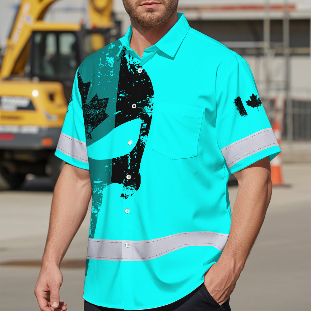 Hi Vis Hawaiian Shirt Reflective Tapes Blue Skull Custom Name Safety Workwear For Workers, Truckers, Operators, Canadian