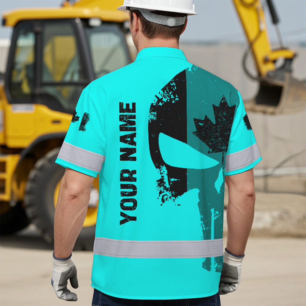 Hi Vis Hawaiian Shirt Reflective Tapes Blue Skull Custom Name Safety Workwear For Workers, Truckers, Operators, Canadian
