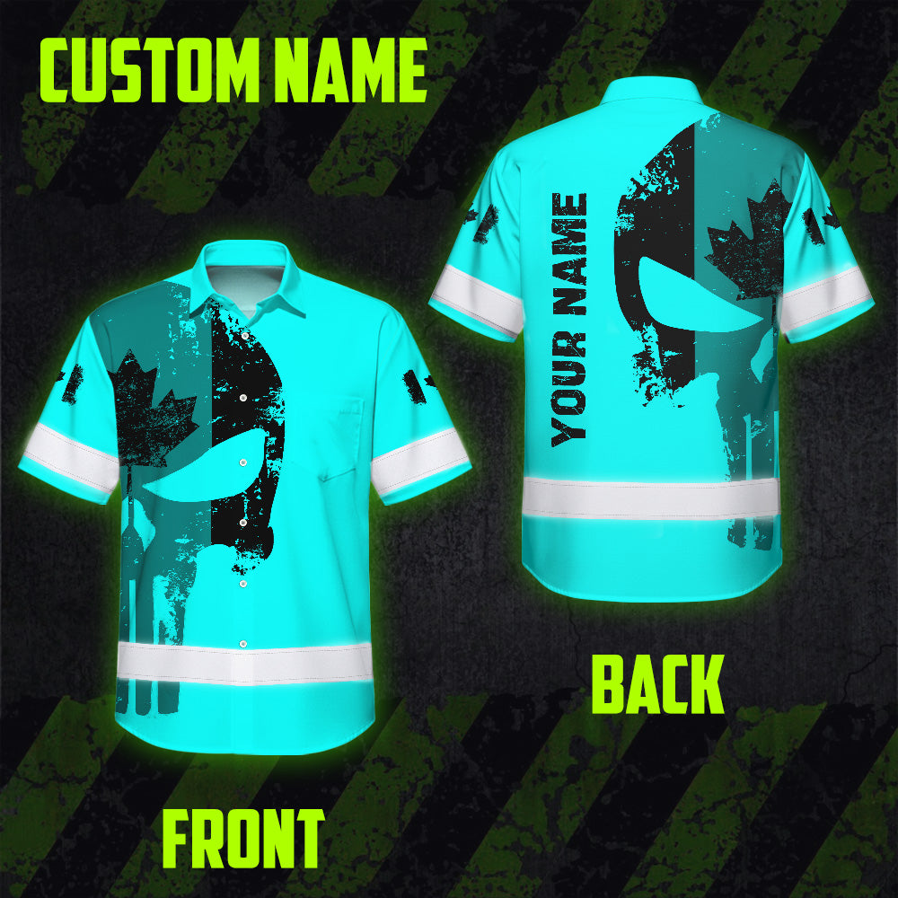 Hi Vis Hawaiian Shirt Reflective Tapes Blue Skull Custom Name Safety Workwear For Workers, Truckers, Operators, Canadian