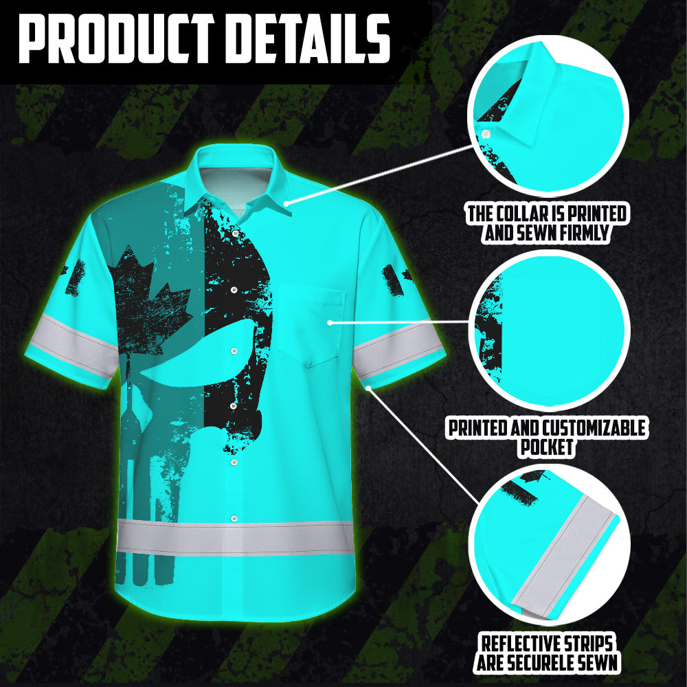Hi Vis Hawaiian Shirt Reflective Tapes Blue Skull Custom Name Safety Workwear For Workers, Truckers, Operators, Canadian