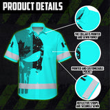 Hi Vis Hawaiian Shirt Reflective Tapes Blue Skull Custom Name Safety Workwear For Workers, Truckers, Operators, Canadian