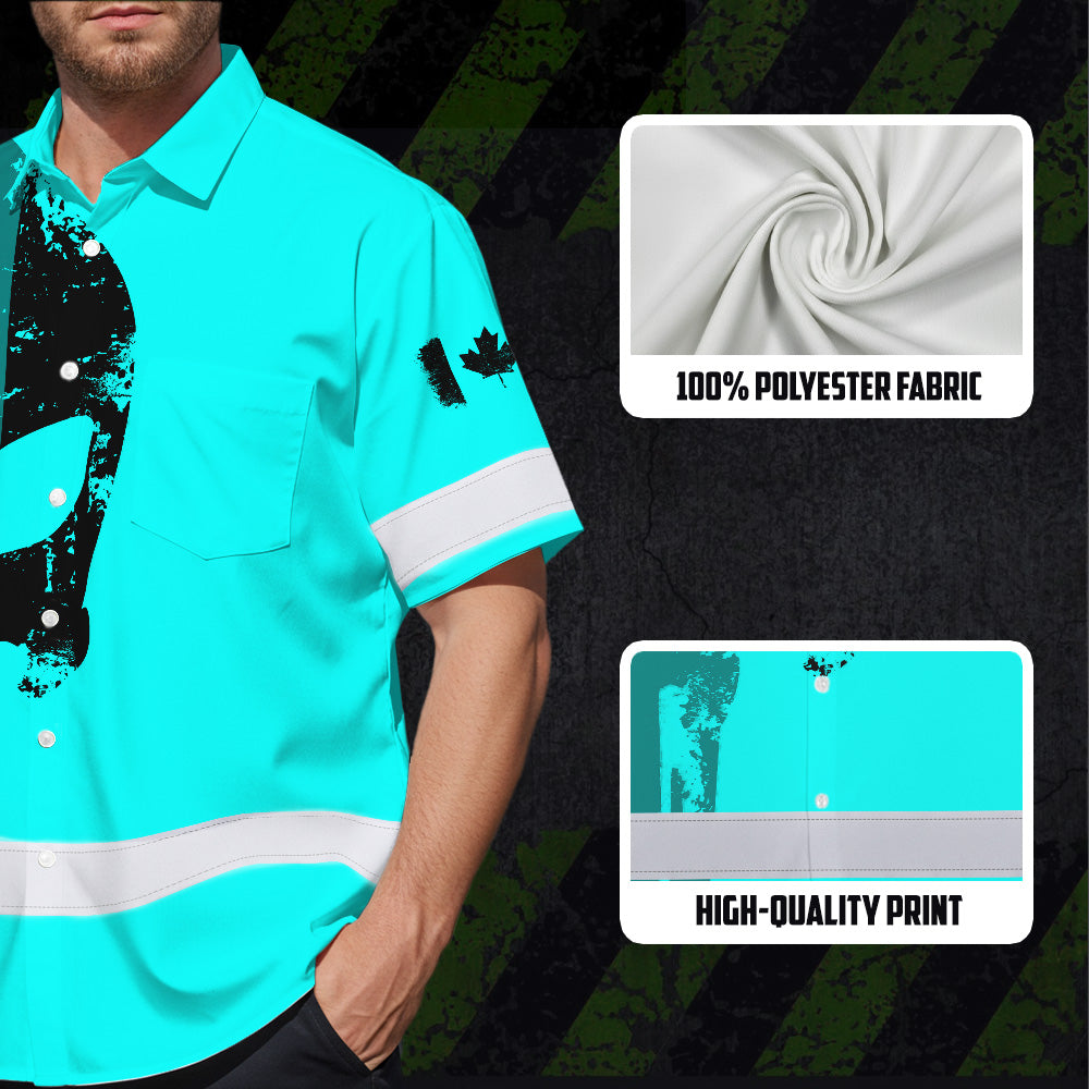 Hi Vis Hawaiian Shirt Reflective Tapes Blue Skull Custom Name Safety Workwear For Workers, Truckers, Operators, Canadian