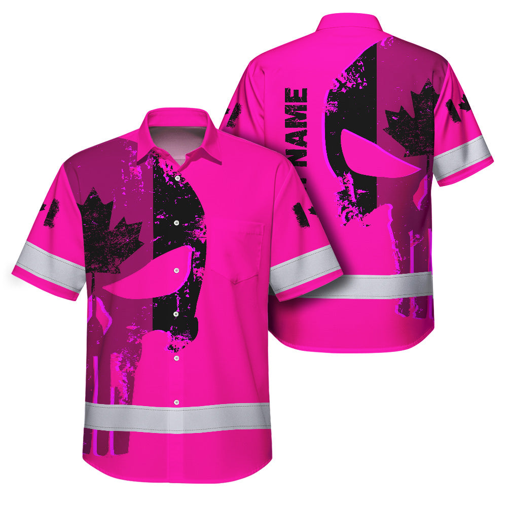 Hi Vis Hawaiian Shirt Reflective Tapes Pink Skull Custom Name Safety Workwear For Workers, Truckers, Operators, Canadian