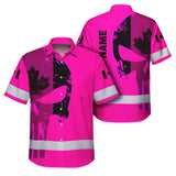 Hi Vis Hawaiian Shirt Reflective Tapes Pink Skull Custom Name Safety Workwear For Workers, Truckers, Operators, Canadian