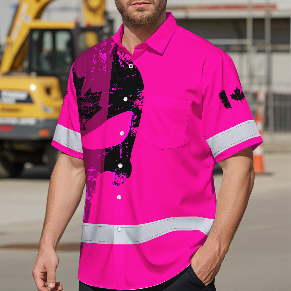 Hi Vis Hawaiian Shirt Reflective Tapes Pink Skull Custom Name Safety Workwear For Workers, Truckers, Operators, Canadian