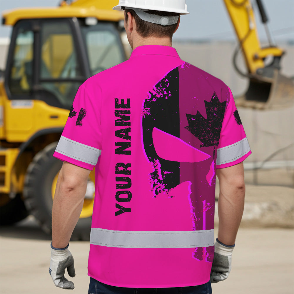 Hi Vis Hawaiian Shirt Reflective Tapes Pink Skull Custom Name Safety Workwear For Workers, Truckers, Operators, Canadian