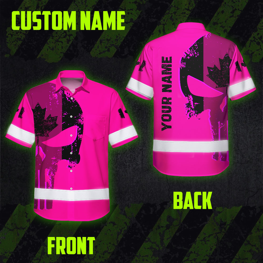 Hi Vis Hawaiian Shirt Reflective Tapes Pink Skull Custom Name Safety Workwear For Workers, Truckers, Operators, Canadian