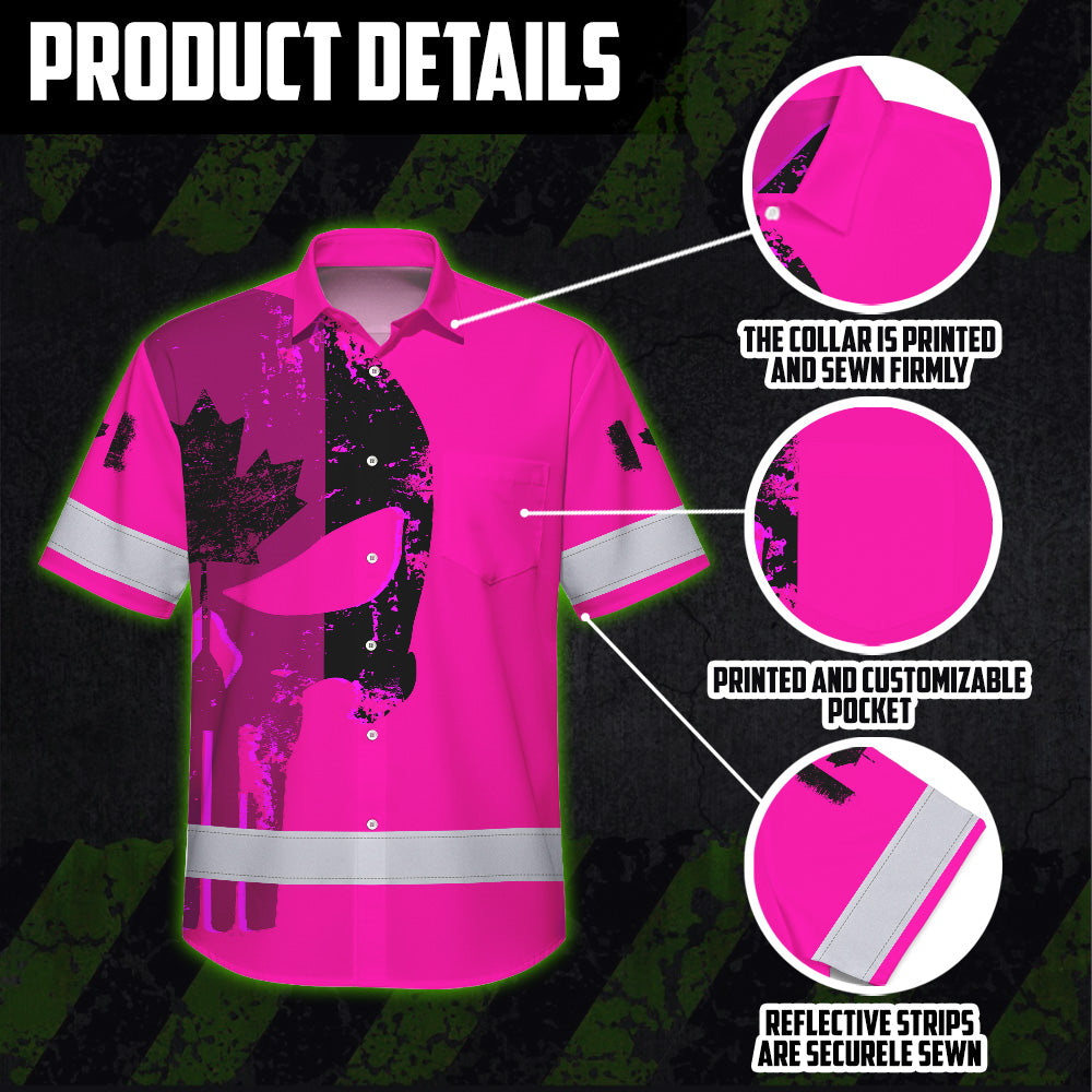 Hi Vis Hawaiian Shirt Reflective Tapes Pink Skull Custom Name Safety Workwear For Workers, Truckers, Operators, Canadian