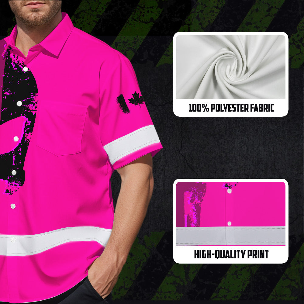 Hi Vis Hawaiian Shirt Reflective Tapes Pink Skull Custom Name Safety Workwear For Workers, Truckers, Operators, Canadian