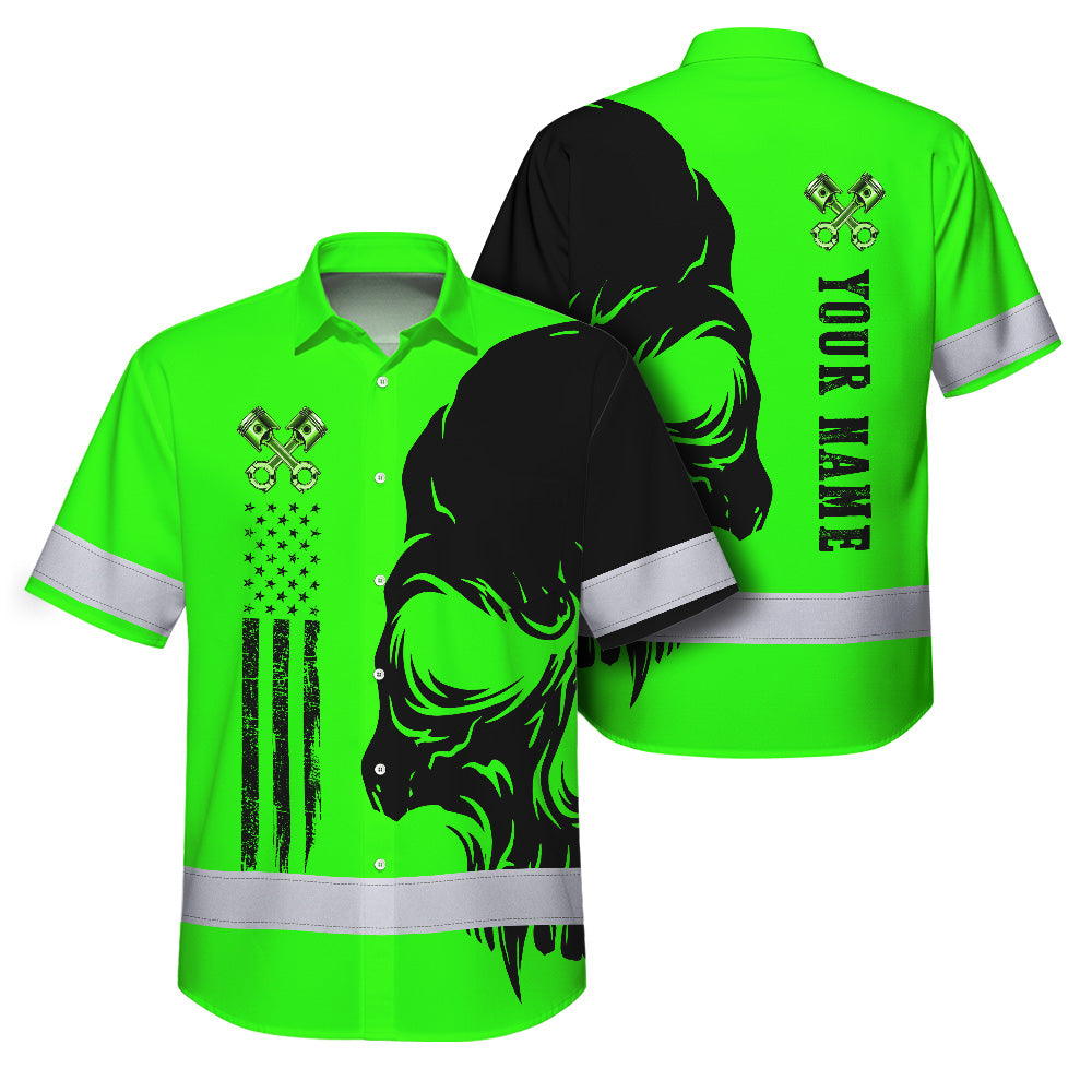 Hi Vis Hawaiian Shirt Reflective Tapes Green Neon Mechanic Custom Name Safety Workwear For Mechanists, Workers, Truckers, Operators