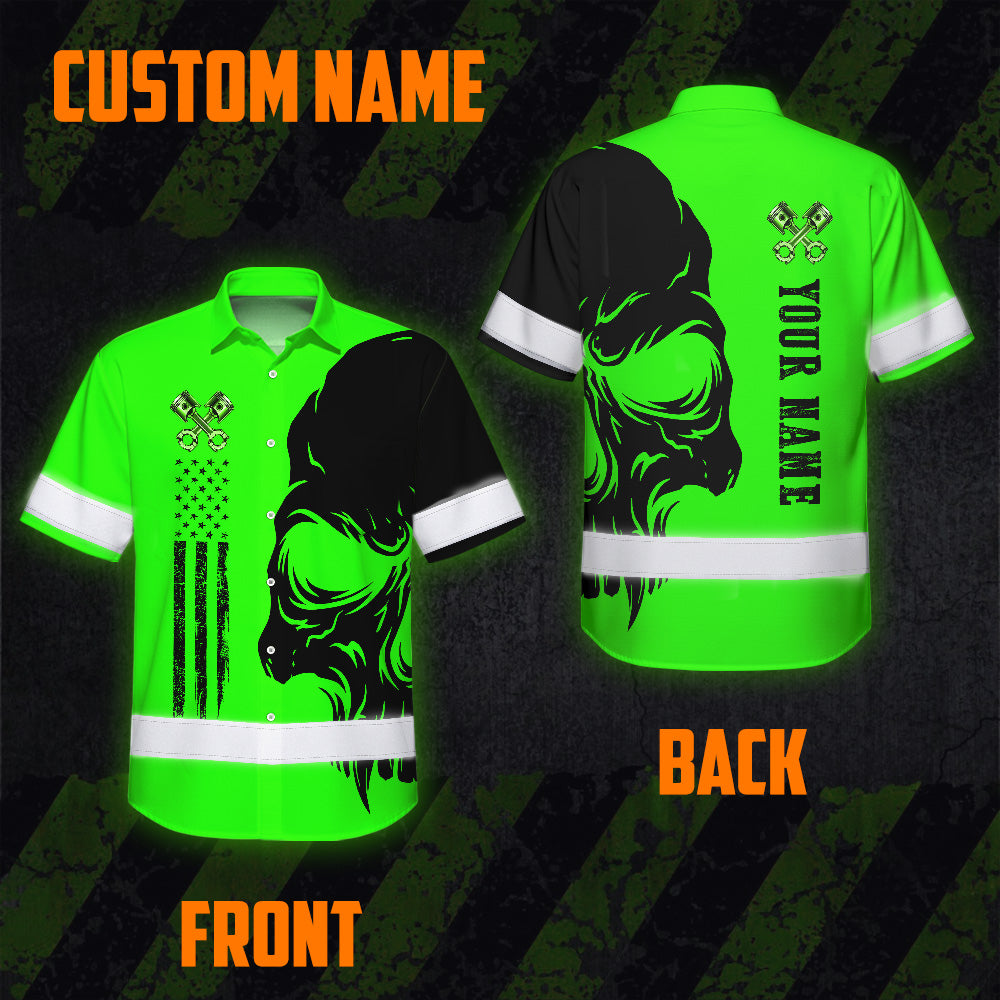 Hi Vis Hawaiian Shirt Reflective Tapes Green Neon Mechanic Custom Name Safety Workwear For Mechanists, Workers, Truckers, Operators