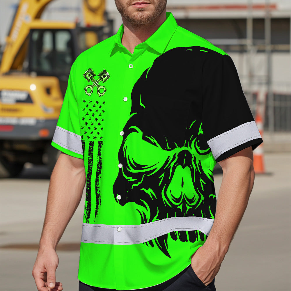 Hi Vis Hawaiian Shirt Reflective Tapes Green Neon Mechanic Custom Name Safety Workwear For Mechanists, Workers, Truckers, Operators