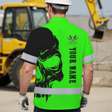 Hi Vis Hawaiian Shirt Reflective Tapes Green Neon Mechanic Custom Name Safety Workwear For Mechanists, Workers, Truckers, Operators