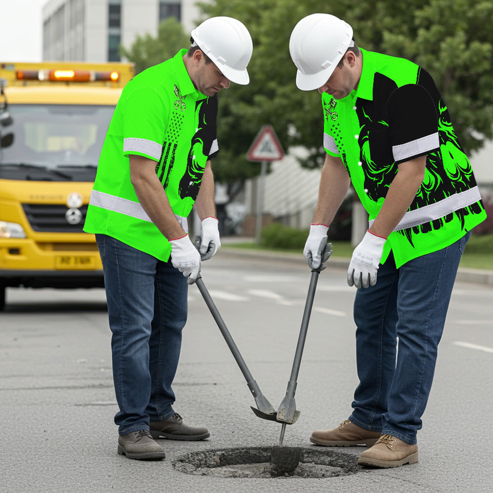 Hi Vis Hawaiian Shirt Reflective Tapes Green Neon Mechanic Custom Name Safety Workwear For Mechanists, Workers, Truckers, Operators