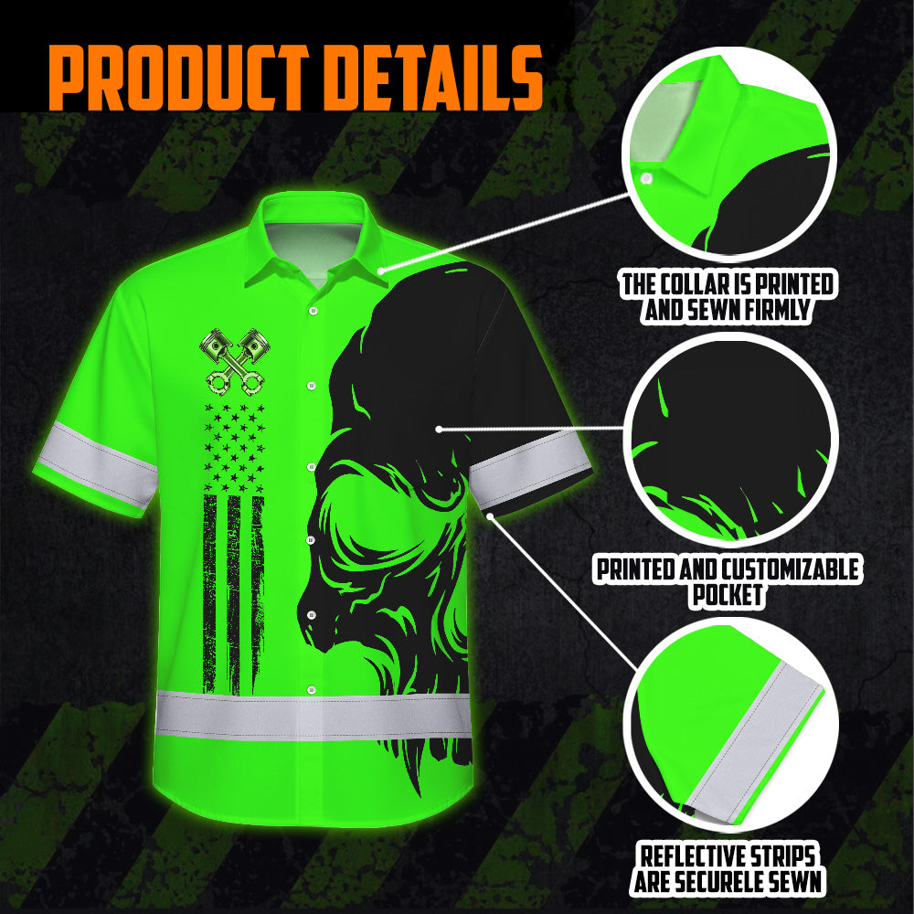 Hi Vis Hawaiian Shirt Reflective Tapes Green Neon Mechanic Custom Name Safety Workwear For Mechanists, Workers, Truckers, Operators