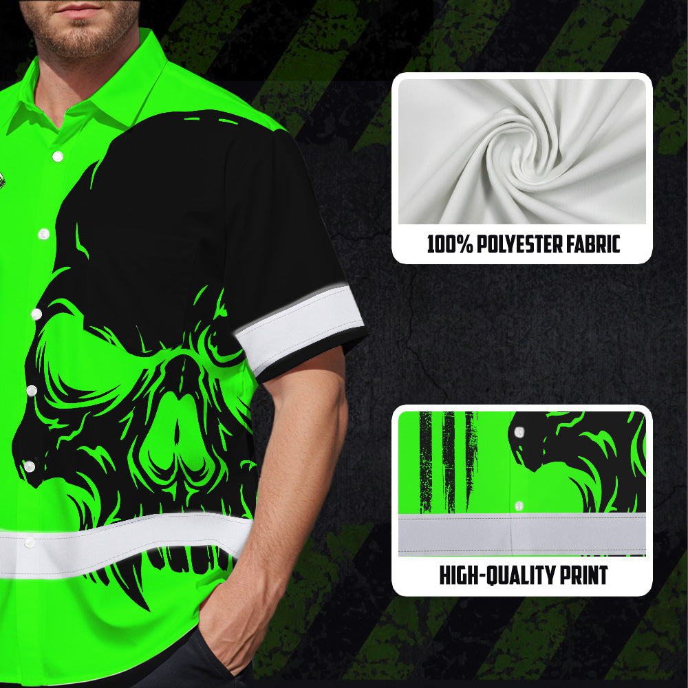 Hi Vis Hawaiian Shirt Reflective Tapes Green Neon Mechanic Custom Name Safety Workwear For Mechanists, Workers, Truckers, Operators