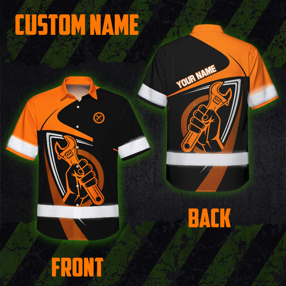 Hi Vis Hawaiian Shirt Reflective Tapes Orange Neon Mechanic Custom Name Safety Workwear For Mechanists, Workers, Truckers, Operators