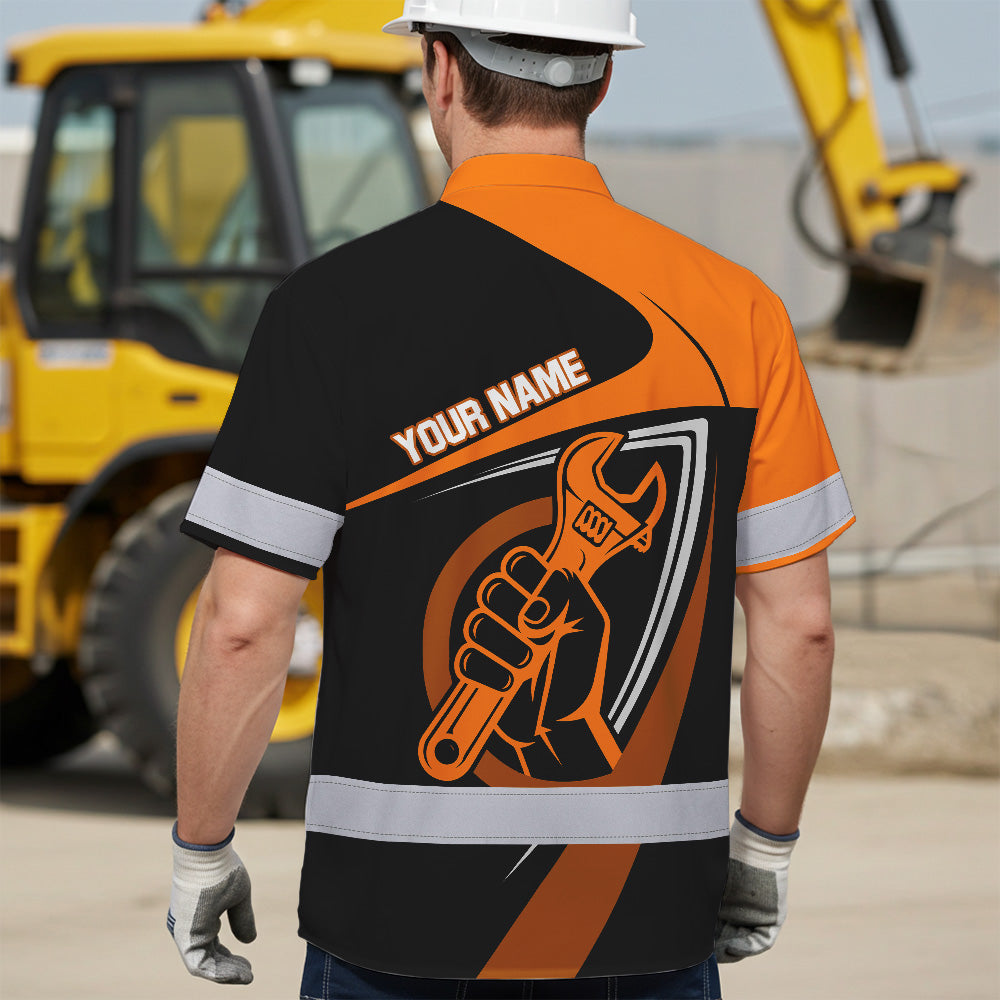 Hi Vis Hawaiian Shirt Reflective Tapes Orange Neon Mechanic Custom Name Safety Workwear For Mechanists, Workers, Truckers, Operators