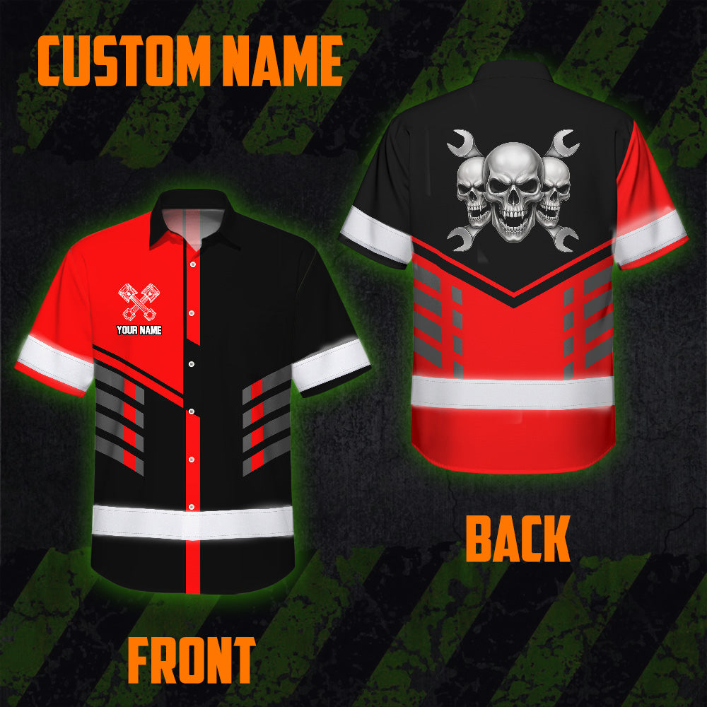 Hi Vis Hawaiian Shirt Reflective Tapes Red Neon Mechanic Custom Name Safety Workwear For Mechanists, Workers, Truckers, Operators