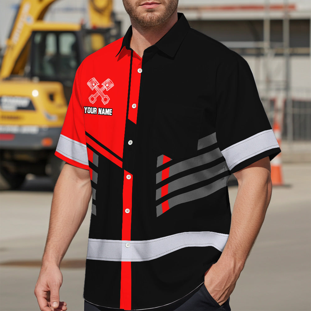 Hi Vis Hawaiian Shirt Reflective Tapes Red Neon Mechanic Custom Name Safety Workwear For Mechanists, Workers, Truckers, Operators