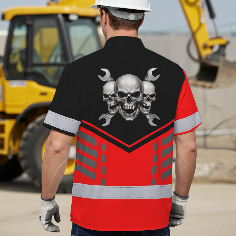 Hi Vis Hawaiian Shirt Reflective Tapes Red Neon Mechanic Custom Name Safety Workwear For Mechanists, Workers, Truckers, Operators