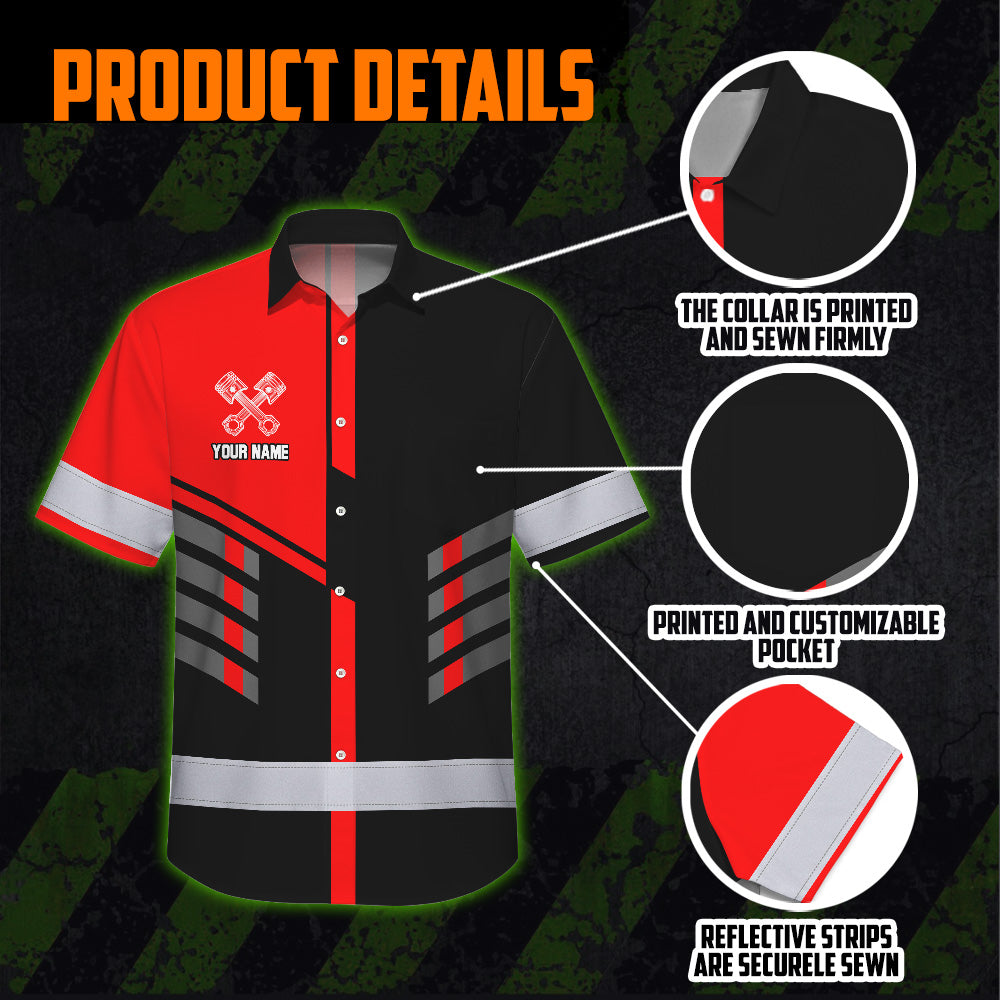 Hi Vis Hawaiian Shirt Reflective Tapes Red Neon Mechanic Custom Name Safety Workwear For Mechanists, Workers, Truckers, Operators