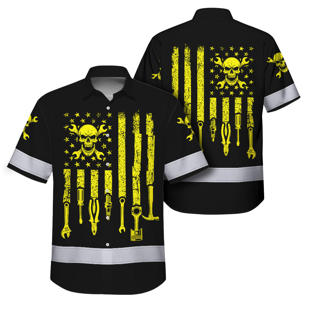 Hi Vis Hawaiian Shirt Reflective Tapes Yellow US Flag Mechanic Custom Name Safety Workwear For Mechanists, Workers, Truckers, Operators