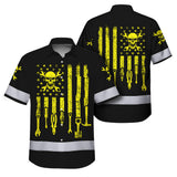 Hi Vis Hawaiian Shirt Reflective Tapes Yellow US Flag Mechanic Custom Name Safety Workwear For Mechanists, Workers, Truckers, Operators