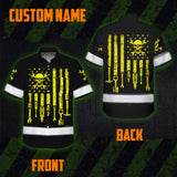 Hi Vis Hawaiian Shirt Reflective Tapes Yellow US Flag Mechanic Custom Name Safety Workwear For Mechanists, Workers, Truckers, Operators